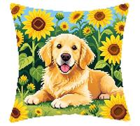 YarnAdventures 11CT Cross Stitch Pillow Kit,Golden Retriever and Sunflowers,18x18in Embroidery Needlework Set DIY Printed Cross Stitch Cushion Kits for Adults