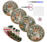 YarnAdventures 4 Pieces Embroidery Kit,Animal Deer,sika Deer Among Wild Flowers,DIY Art Project Craft Set for Adults and Kids,Embroidery Starter Kits Craft Sewing