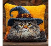 YarnAdventures Animal Cat Latch Hook Kit for Beginners,The Cat in The Hat,Cushion Cover Making Kit,Embroidery Pillowcase Latch Craft for Adults,17x17in