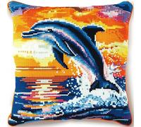 YarnAdventures animal DIY Printed Cross Stitch Pillow Kits,A happy dolphin,Handmade Cushion Cover for Adults Beginner Creative Gift,Home Sofa Christmas Decor,18x18in