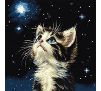 YarnAdventures Animal DIY Rug Cushion kit,A Cute cat Looking up at The Starry Sky,Beginner Latch Hook kit - Therapeutic Craft for Adults - Pre-gridded Latch Canvas - Mothers Day Handmade Gift,17x17in