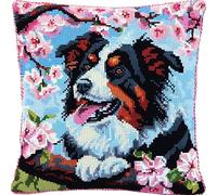 YarnAdventures Animal Dog Diy Cross Stitch Pillow Kit,Border Collie under the cherry blossom tree,Stamped Cross Stitch Pillowcase Cushion Kits for Adults Kids Beginners,45x45cm