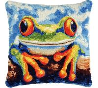 YarnAdventures Animal Latch Hook Cushion Kits,Cute Frog,Latch Hook Pillow Case Kits Embroidery Carpet Set,DIY Needlework Sofa Cushion,17x17in