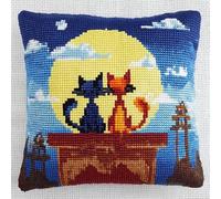YarnAdventures Animal Latch Hook Pillow Case Kits,Cat on The roof,Embroidery Kits DIY Latch Hook for Aadults Cross Stitch Cushion,17x17in