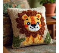 YarnAdventures Cartoon Animals Latch Hook Cushion Cover Kit,Cute Little Lion,Pillow Case Rug Cover Kids Beginner DIY Needlework Embroidery Kits Handmade Set,17x17in