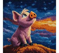 YarnAdventures Cartoon Animals Latch Hook Kits Pre Printed Color Canvas,Pink Pig Under The Starry Sky,Cushion Cover Crocheting Pillow Case Sofa Pillows Home Decor,Hand-Woven Gifts,43x43cm
