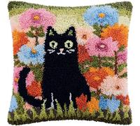 YarnAdventures Cartoon DIY Rug Cushion kit,A Black cat and Flowers,Beginner Latch Hook kit - Therapeutic Craft for Adults - Pre-gridded Latch Canvas - Mothers Day Handmade Gift,17x17in