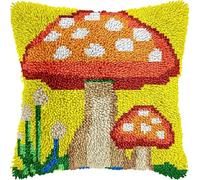 YarnAdventures Cartoon Pattern Latch Hook Cushion Cover Kit,Red Mushroom,Pillow Case Rug Cover Kids Beginner DIY Needlework Embroidery Kits Handmade Set,17x17in