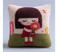 YarnAdventures Cartoon Style Latch Hook Cushion Kits for Adults,Cute Girl and Flowers,Latch Hook Pillow Case Kits Handmade Kids Parents Gift,17x17in
