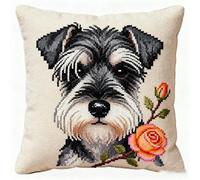 YarnAdventures Cross Stitch Pillow Cover Kit,Schnauzer and flowers,Cushion Cases DIY with Pattern Living Room Decoration Birthday Gift for Beginners,45x45cm