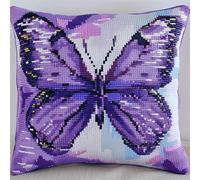 YarnAdventures Cross Stitch Pillow Kit 45x45cm,Purple Butterfly,Needlepoint Craft Set pre Printed Handmade Cushion Cover Kit Decorative for Adults Beginners