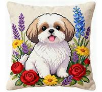 YarnAdventures Cross Stitch Pillow Kit 45x45cm,Shih Tzu and Flowers,Needlepoint Craft Set pre Printed Handmade Cushion Cover Kit Decorative for Adults Beginners