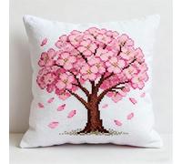 YarnAdventures Cross Stitch Pillow Kit,Beautiful Cherry Blossom Trees,Needlepoint Kits for Adults Creative Gift 18x18in,DIY Home Decor Stamped Embroidery Cushion Craft