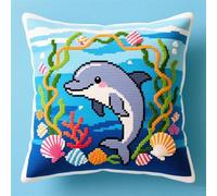 YarnAdventures Cross Stitch Pillow Kit,Marine Animals Dolphins,Needlepoint Kits for Adults Creative Gift 18x18in,DIY Home Decor Stamped Embroidery Cushion Craft