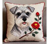 YarnAdventures Cross Stitch Pillow Kit,Schnauzer and Flowers,Needlepoint Kits for Adults Creative Gift 18x18in,DIY Home Decor Stamped Embroidery Cushion Craft