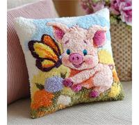 YarnAdventures Cute Animals Latch Hook Kits Pillow,Pink Pig and Butterfly,Printed Canvas Cushion DIY Kit Embroidery Pillowcase Rug Cover Home Sofa Christmas Decoration,17x17in