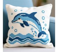 YarnAdventures DIY Stamped Cross Stitch Pillow Kits,marine animals dolphins,11CT Embroidery Pillowcase 45x45cm,Needlepoint Handmade Cushion Cover Home Sofa Christmas Decor