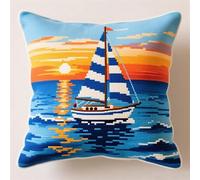 YarnAdventures DIY Stamped Cross Stitch Pillow Kits,Sailboat on the sea,11CT Embroidery Pillowcase 45x45cm,Needlepoint Handmade Cushion Cover Home Sofa Christmas Decor