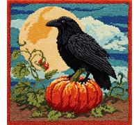 YarnAdventures Farm Landscape Latch Hook Kit Cushion Latch Hook Kit,Crow on a Pumpkin,Sofa Cushion Cover Cushion Cover Embroidery Craft for Adults and Beginners,17x17in