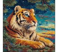 YarnAdventures Forest Night Scene Latch Hook Kit Cushion,Tiger by The River,Latch Hook Kit DIY Pillow Materials Package Embroidery Cross Stitch Gifts,17x17in
