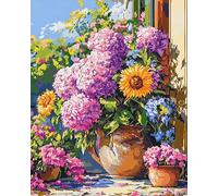 YarnAdventures Landscape 11CT Cross Stitch Kits,Flower pots Blooming in Front of The Door,Stamped Cross Stitch for Adults Beginners,Embroidery Crafts Kit for Home Decoration,40x50cm