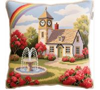 YarnAdventures Landscape Cross Stitch Pillow Kit 45x45cm,Beautiful Country Courtyard,Needlepoint Craft Set pre Printed Handmade Cushion Cover Kit Decorative for Adults Beginners