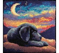 YarnAdventures Landscape DIY Rug Cushion kit,Puppy Under The Night Sky,Beginner Latch Hook kit - Therapeutic Craft for Adults - Pre-gridded Latch Canvas - Mothers Day Handmade Gift,17x17in