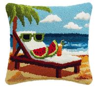 YarnAdventures Landscape DIY Rug Cushion kit,Watermelon on The Beach,Beginner Latch Hook kit - Therapeutic Craft for Adults - Pre-gridded Latch Canvas - Mothers Day Handmade Gift,17x17in
