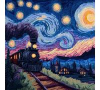 YarnAdventures Landscape Latch Hook Cushion kit,Train Running Under The Moon,DIY Rug Cushion kit - Latch Hook Pillow for Beginners - Christmas Craft Activity,17x17in