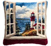 YarnAdventures Landscape Latch Hook Kits Pillow,Lighthouse Outside The Window,Printed Canvas Cushion DIY Kit Embroidery Pillowcase Rug Cover Home Sofa Christmas Decoration,17x17in