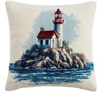 YarnAdventures Landscape Latch Hook Pillow Kits,Island Lighthouse,DIY Craft Kit for Adults Latch Hook Pillow Case Includes Canvas,Yarn,Instructions,17x17in