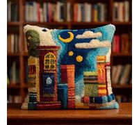 YarnAdventures Latch Hook Kit for Beginners,Books on The Shelf,Cushion Cover Making Kit,Embroidery Pillowcase Latch Craft for Adults,17x17in