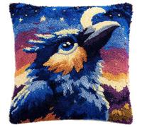 YarnAdventures Night View DIY Latch Hook Kits,Cartoon Crow Under The Starry Sky,Pattern Printed Throw Pillow Case Cushion Cover Crochet Needlework Crafts for Kids and Adults,17x17in