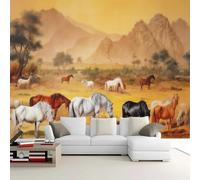 YarnAdventures Retro western landscape Photo Mural Wallpaper,A herd of horses on the grass,Tv Wall Living Room Bedroom Sofa Background Wall 3D Silk cloth Wallpaper,250x175cm