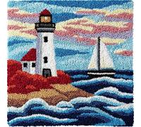 YarnAdventures Seaside Landscape Latch Hook Pillowcase Kits,Lighthouse and Sailboat,Needlework DIY Cushion Cover Hook and Latch Kit Christmas Home Crafts Sofa Decoration,17x17in