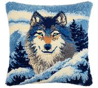 YarnAdventures Snowy Forest DIY Rug Cushion kit,Animal Wolf,Beginner Latch Hook kit - Therapeutic Craft for Adults - Pre-gridded Latch Canvas - Mothers Day Handmade Gift,17x17in