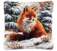 YarnAdventures Snowy Forest Scene DIY Rug Cushion kit,Animal Fox,Beginner Latch Hook kit - Therapeutic Craft for Adults - Pre-gridded Latch Canvas - Mothers Day Handmade Gift,17x17in
