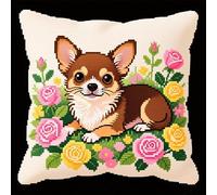 YarnAdventures Stamped Cross Stitch Kit 45x45cm,Chihuahua Dog in Flowers,DIY Embroidery Cushion,Tapestry Pillow kit for Living Room Sewing Supplies Adults Beginners Gift