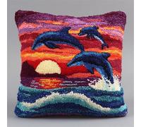 YarnAdventures Sunset Landscape Latch Hook Kits Pillow Printed Cushion,Dolphin Jumping Out of The sea,Needlework DIY Hook Latch Kit Pillowcase Cover Home Sofa Christmas Decoration,17x17in