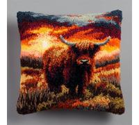 YarnAdventures Sunset Landscape Latch Hook Kits Pre Printed Color Canvas,Animal Highland Cattle,Cushion Cover Crocheting Pillow Case Sofa Pillows Home Decor,Hand-Woven Gifts,43x43cm