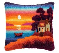 YarnAdventures Sunset Landscape Latch Hook Pillowcase Kits,Cottage by The River,Needlework DIY Cushion Cover Hook and Latch Kit Christmas Home Crafts Sofa Decoration,17x17in