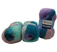YarnArt Bellissimo 1414 Knitting Wool with Mohair 150 g 450 g with Colour Gradient Blue Turquoise Pink Pack of 3