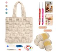 Yarnger Crochet Bag Kit, Plaid Handbag Crochet Kit Includes Thick Cotton Cord, Crochet Hooks, Step-by-Step Instruction, Practical Crochet Kit for Beginners, Perfect Plaid Crochet Bag Kit, Ivory