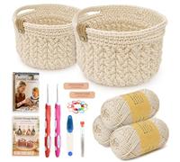 Yarnger Crochet Basket Kit, 2 Round Basket Crochet Kit, Ivory White | Practical Crochet Kit for Beginners with Thick Cotton Yarn Crochet Hook Step-by-Step Instruction, Perfect for Home Storage