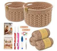 Yarnger Texture Crochet Basket Kit, 2 Round Basket Crochet Kit, Beige | Practical Crochet Kit for Beginners with Thick Cotton Yarn Crochet Hook Step-by-Step Instruction, Perfect for Home Storage