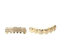 YARNOW 2pcs Golden Rhinestone Tooth Grills Caps for Men Women, Hip Hop Copper Material with Comfortable Fit and Natural Speech Function, for Parties and Costumes