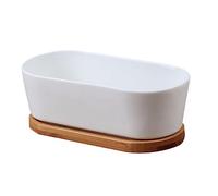 YARNOW 2Pcs White Oval Ceramic Succulent Flower Pots with Bamboo Tray Sturdy Planter Containers with Drainage Hole for Desktop and Bookshelf Use