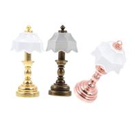 YARNOW 3pcs Miniature Desk Lamps Set for Dollhouse Decoration - White Shade with Gold, Rose Gold, and Brown Bases - Miniature LED Table and Floor Lamp Models for Doll Furniture