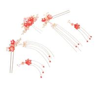 YARNOW 5pcs Red Flower Hair Pins Set with Pearl and Chain Tassel, Traditional Chinese Wedding Accessories for Asian Wedding and Costume, Vintage Elegant Oriental Design in Metal
