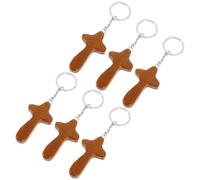 YARNOW 6pcs Wooden Cross Keychains Brown Religious Key Rings with Bag Decor and Hanging Pendant for Christian Faith Accessories